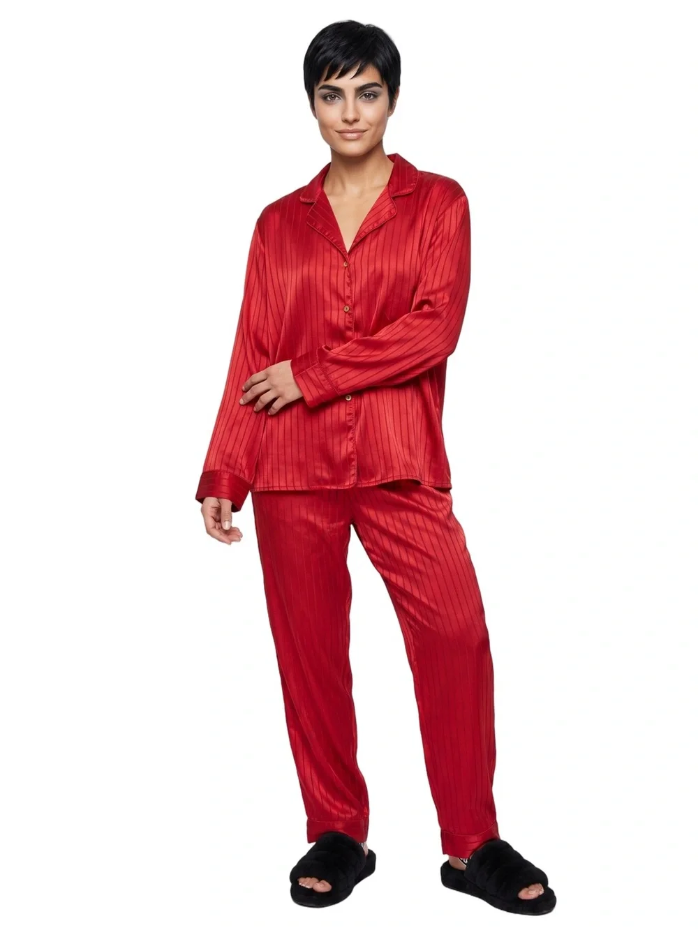 LILAC & LONDON Red Pajamas Long sleeve Shirt & Pants Luxury Satin Loungewear LG